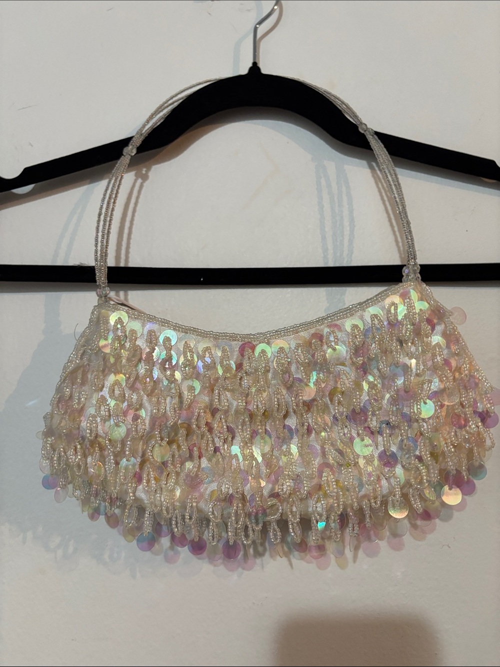 VINTAGE Iridescent Sequin Fringe Shoulder Bag Pearl White
